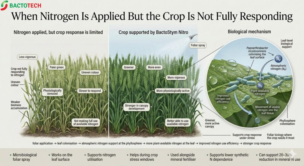 foliar nitrogen fixing spray, Illustration comparing a crop with limited response to applied nitrogen against a greener, more even crop supported by BactoStym Nitro, alongside a leaf-level biological mechanism diagram.
