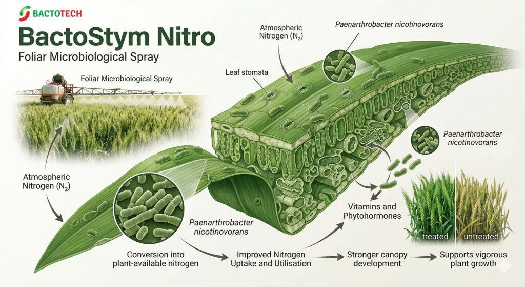Bacto Stym Nitro - foliar nitrogen fixing spray, Illustration of BactoStym Nitro working on the leaf surface, showing Paenarthrobacter nicotinovorans, atmospheric nitrogen, leaf stomata, and the intended pathway to improved nitrogen use and stronger canopy growth.