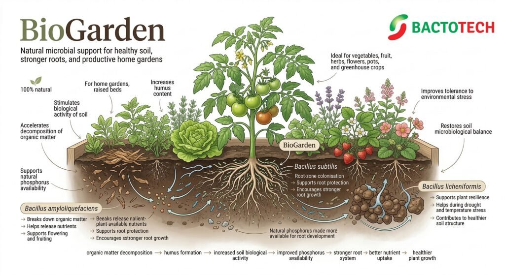 Illustration showing how BioGarden supports soil biology, root growth, nutrient uptake, humus formation, and plant resilience in home gardens, raised beds, pots, and greenhouse crops.
