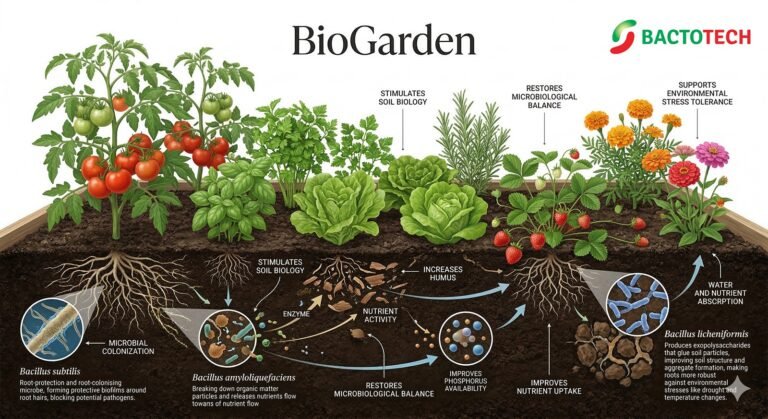 Illustration of a garden bed showing how BioGarden supports soil biology, root growth, nutrient uptake, humus formation, and plant resilience through three beneficial Bacillus species. Natural fertiliser for vegetables